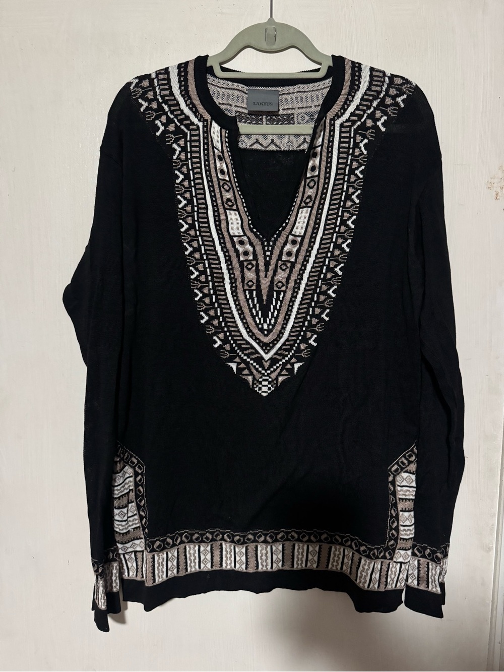 Laneus Black Sweater with White and Tan Geometric Trim